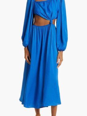 $250 Farm Rio Bright Blue Cutout Midi Dress Long Sleeve XS Resortwear Beach